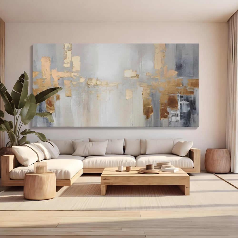 Tablou canvas cu pictura abstracta cu pete aurii si gri, fara rama, pe sasiu de lemn, pe perete intr-un living